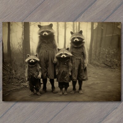 Art Print Raccoon Family Weird Creepy Unusual Woods Odd Fall Day Strange  