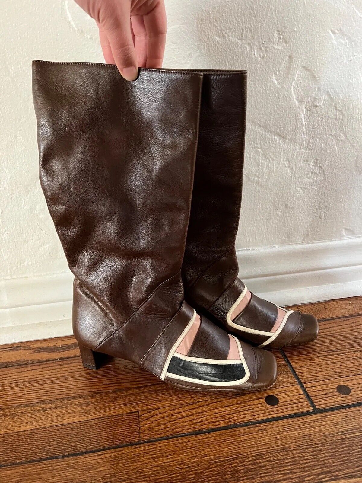 Marni Knee High Geometric Leather Brown Boots 39 - image 1