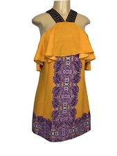 Signature Studio Gold Purple Cold Shoulder A Line Dress Womens Size S Casual NEW