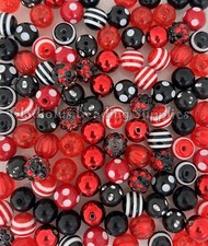 100 Pcs 12mm Red/Black Mixed Acrylic Beads, Bubblegum Beads, Loose Beads