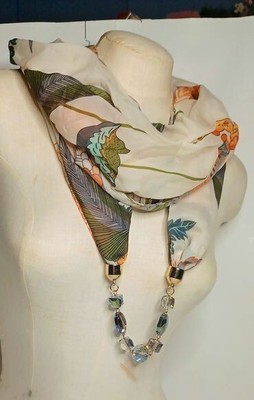 Women's Infinity Soft Scarf Crystal Bead Pendant Accessory Necklace Beige Multi