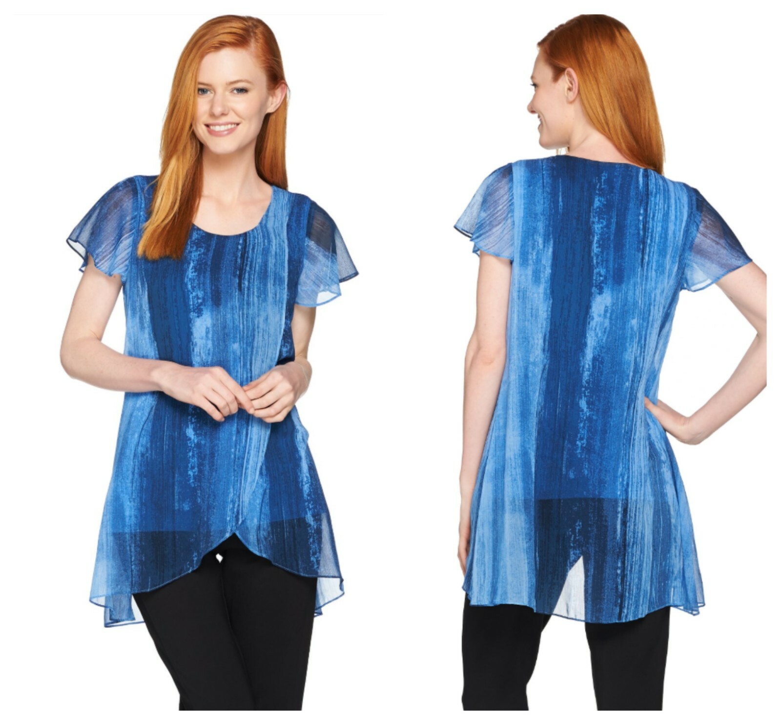 H  By  HALSTON CHIC  CHIFFON  OVERLAY  PRINTED TUNIC  TOP QVC  Sz  8  NEW  $ 79 