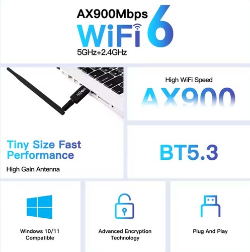 Adaptateur 2 en 1 USB Wifi 900Mbps Double Bande + Bluetooth 5.3 Antenne 5dBi - Zdjęcie 3 z 9