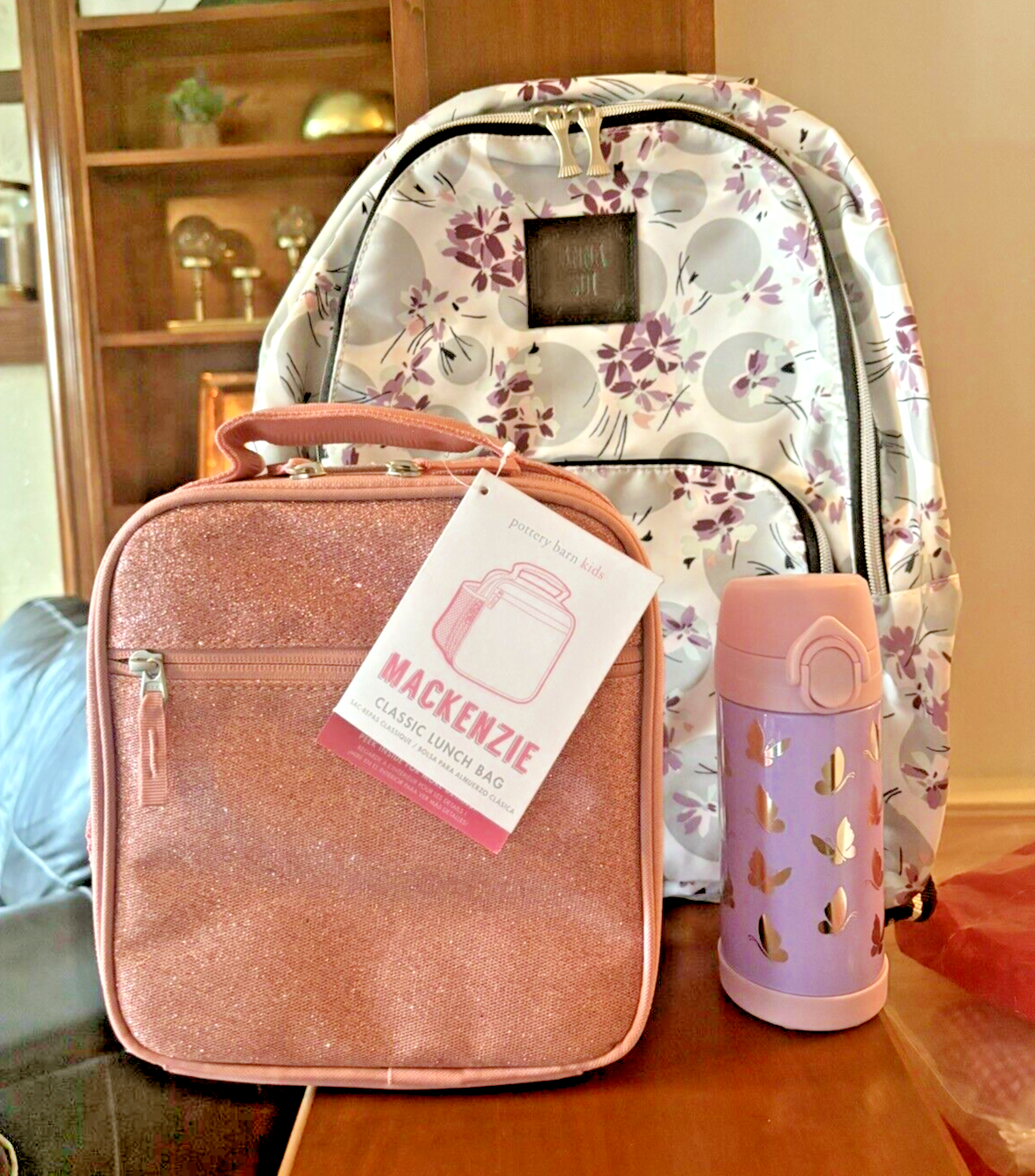 PONY Zaino scuola ceramica fienile Anna Sui floreale + borsa lunch box + acqua farfalla.