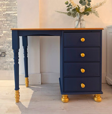Blue & Gold Painted Wooden Writing Desk, 4 Drawers, Wood Top 100x50x78cm