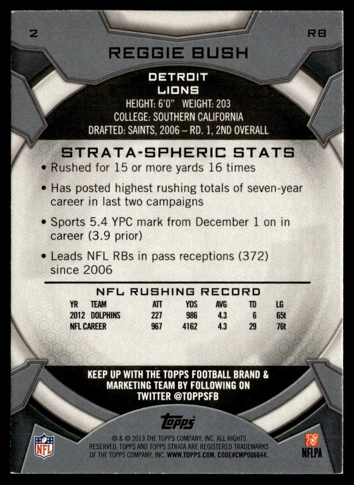 2013 Topps Strata Reggie Bush Detroit Lions #2 - Image 2 of 2