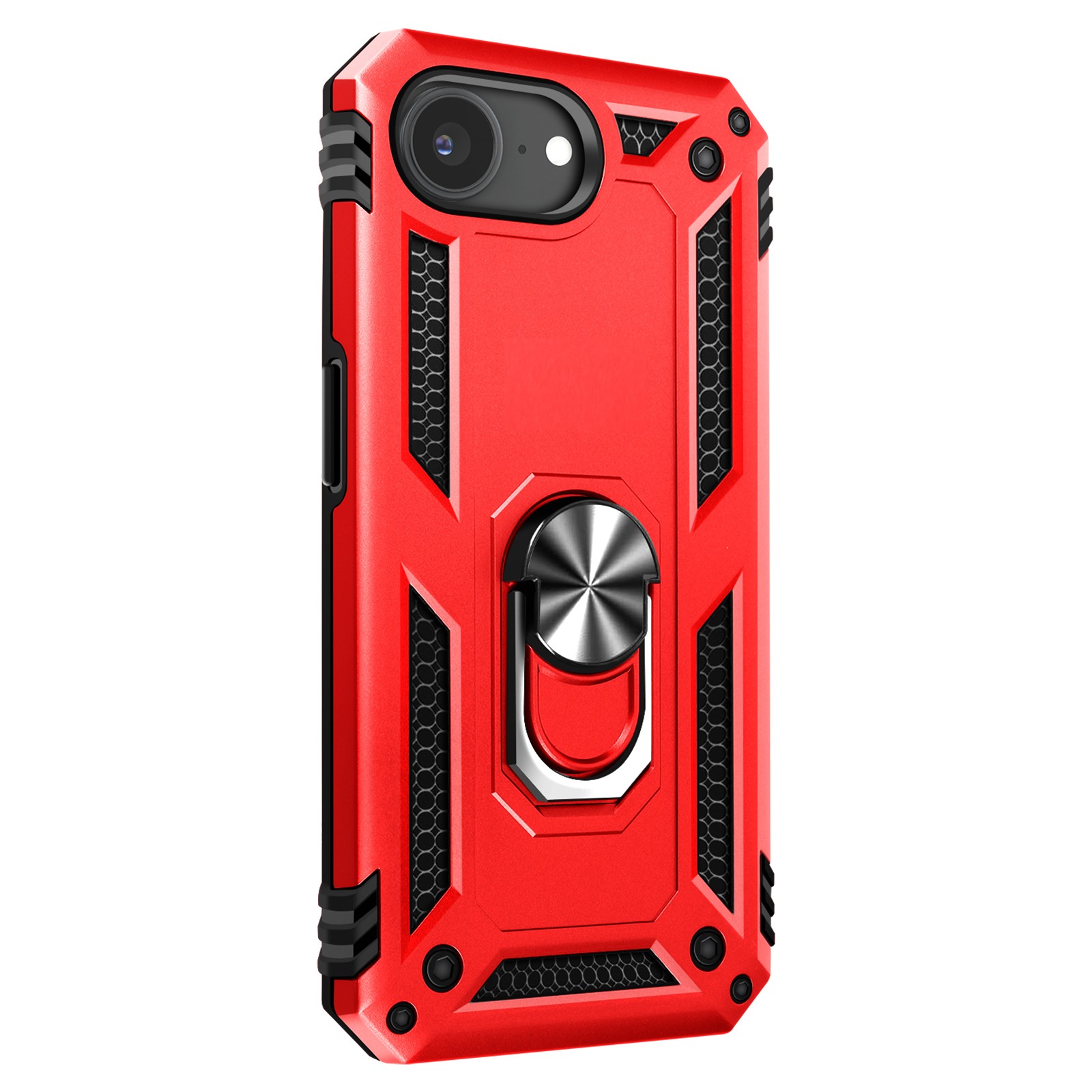 Coque iPhone 17e antichoc rouge avec anneau magnétique rotatif et béquille