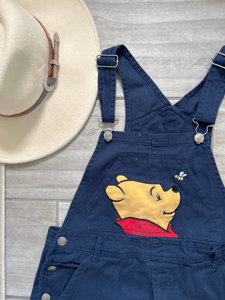 Vintage Winnie The Pooh Overall Shorts Shortalls Size M Navy Womens 90s - Image 2 of 4