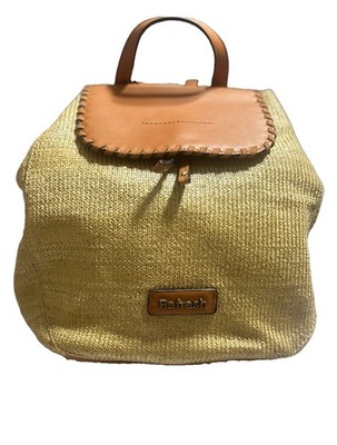 Refresh Raffia Style Backpack Vegan Leather Trim Drawstring Flap Boho