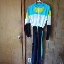 Vintage 80s/90s Colorblock Hooded Jumpsuit Windbreaker XL Elastic Waist 1PC