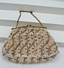 VINTAGE White and Gold beaded evening purse handbag kiss closure