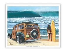 U Go Girl - Retro Woodie Car on Beach with Surfer Girl by Scott Westmoreland