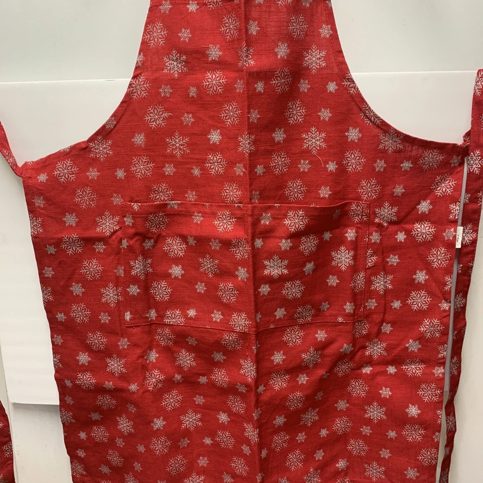 Red Christmas Apron with Snowflakes, 2 Front Pockets & Adjustable Neck Strap - Image 2 of 4