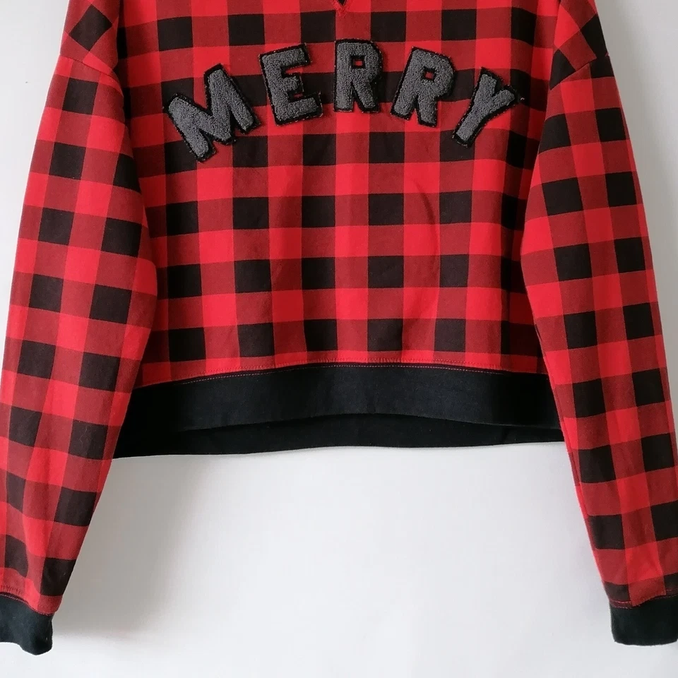 Sudadera a Cuadros Fifth Sun Merry Para Mujer Roja Cuello Redondo Hombro Caído Talla L Foto 4 de 4
