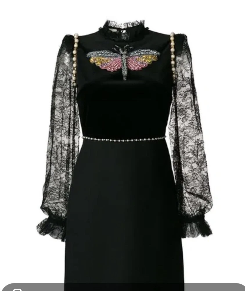 Abito GUCCI SS18 lana seta cotone impreziosito farfalla in nero taglia 36 (XS)