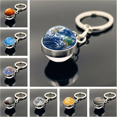 Glow in the Dark Galaxy System Planet Keychain Double Sided Glass Keyring Gift