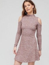 V By Very Cold Shoulder Ribbed High Neck Mini Dress - Brown Marl UK Size 6
