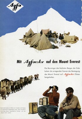 Mit Agfa Color auf dem Mount Everest Reklame 1953 Edmund Hillary & Tensing