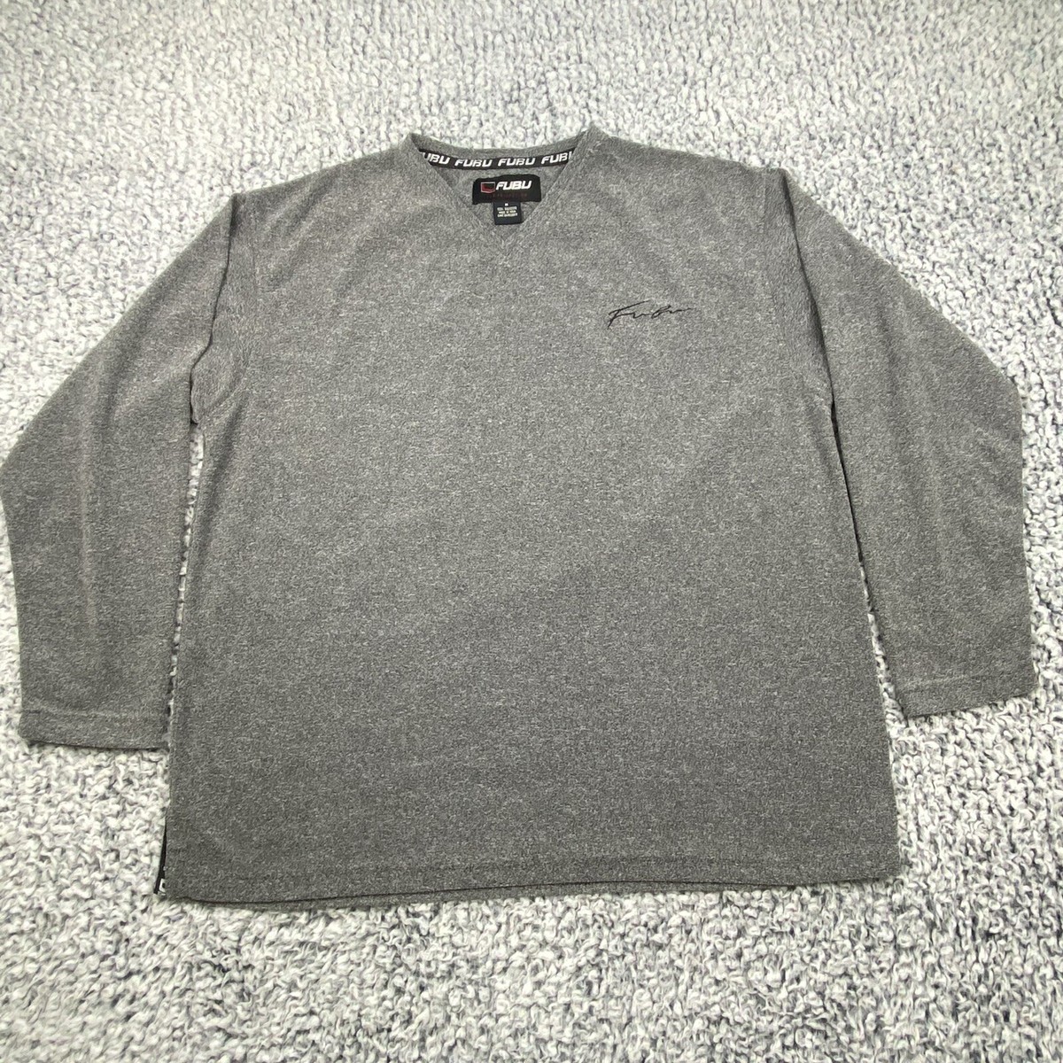 Fubu Sweater Mens Medium Spellout Long Sleeve V-Neck Comfort Pullover Gray