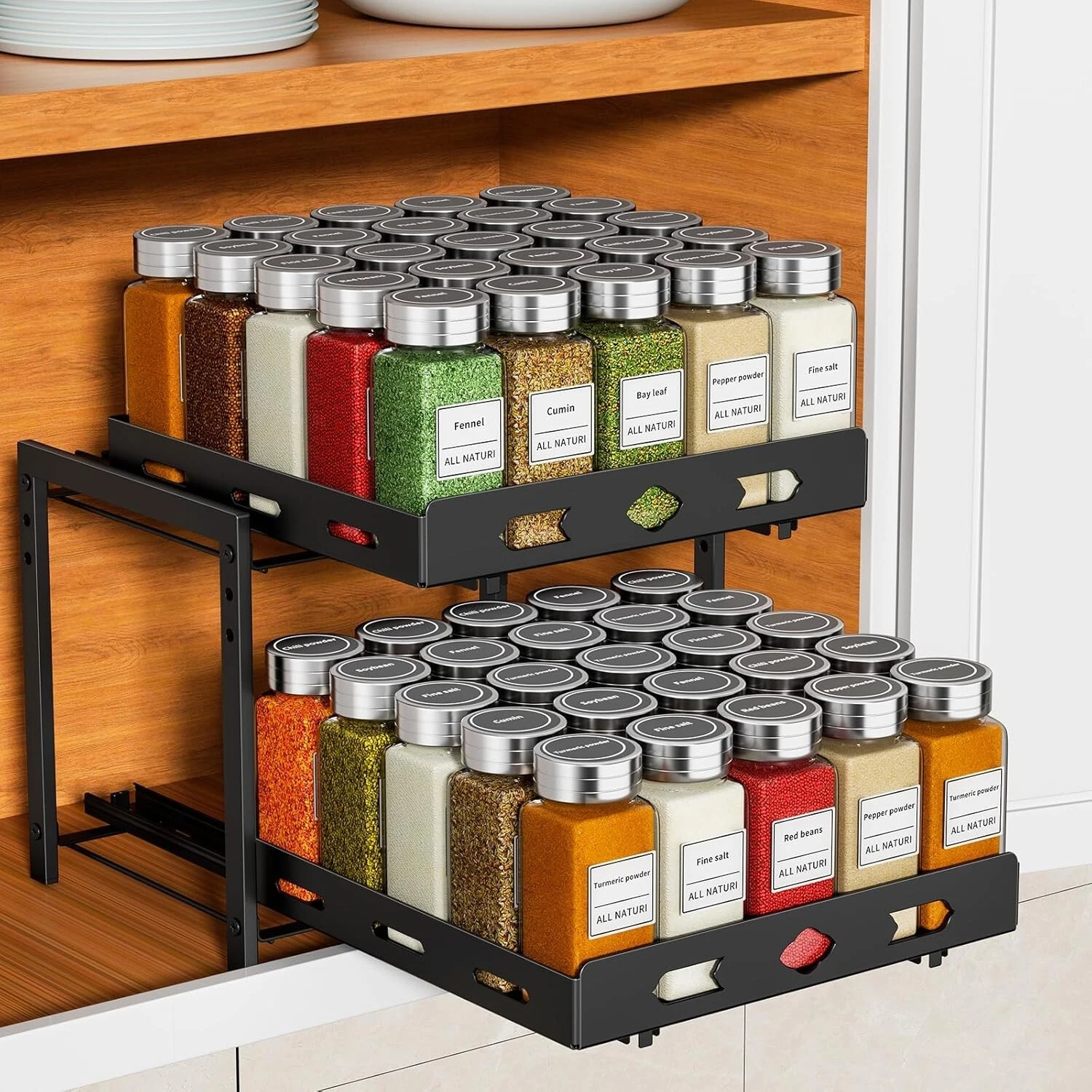Cupboard Pull Out Spice Rack, 2-Tier Slide Drawer, Adjustable Height Metal Black
Opens in a new wind