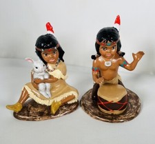 Vintage Native American Indian Ceramic Bisque Boy Girl Kitch Figurines 6"