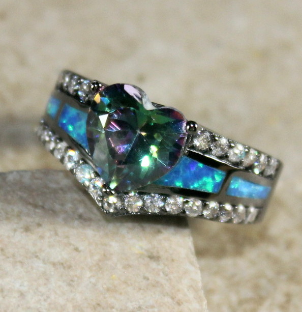 Black SILVER Elegant Blue Fire Opal Rainbow Topaz Ring WR20116