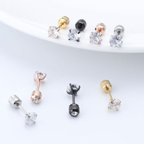 1PCS Silver Titanium steel Round CZ Earrings Screw Back Ear Stud for Men Women - Picture 1 of 24