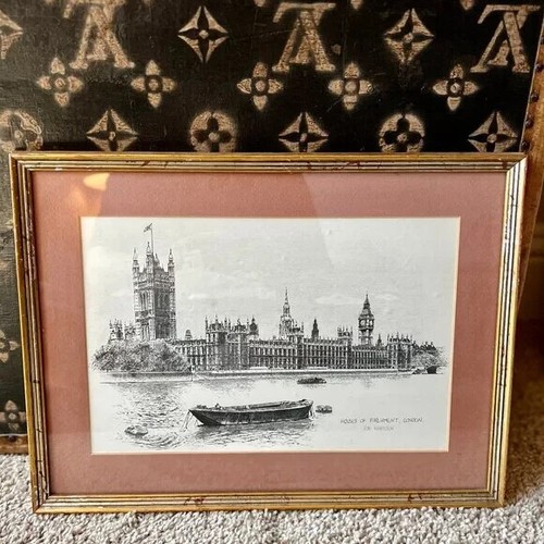 Vintage UK Big Ben Houses of Parliament Sketch in Gold Frame Circa 1960s