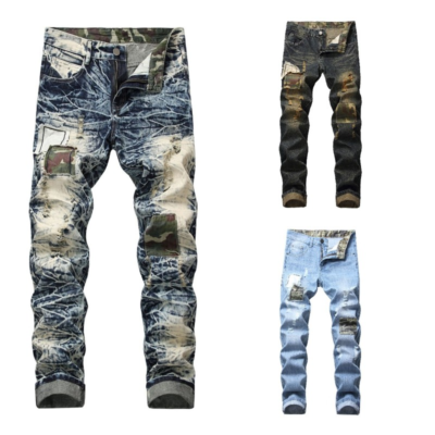 Men Ripped Distressed Jeans Camouflage Patchwork Denim Pants