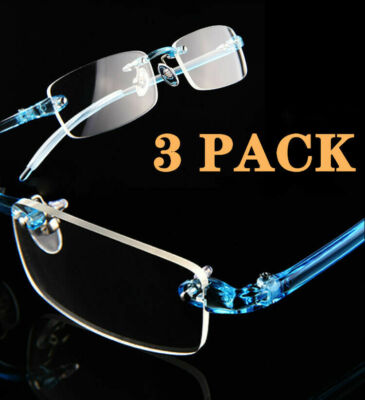 3 PACK Elastic Flexible TR90 Blue rimless reading glasses for Reader +0.5 to +4