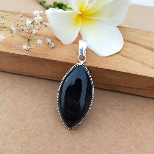Pendentif En Argent 925 Et Onyx Noir - Fait Main, Longueur 4 Pouces - Modèle Unique #P15547 - Neuf Sans Emballage