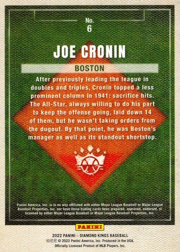 2022 Panini Diamond Kings Joe Cronin Boston Red Sox #6 - Image 2 of 2