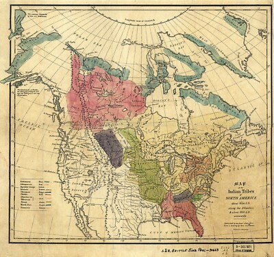 1836 Map North American Indian tribes 1600 A.D. Native Poster Art