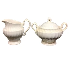 Myott Olde Chelsea White Swirl Staffordshire Creamer Sugar Bowl Set England