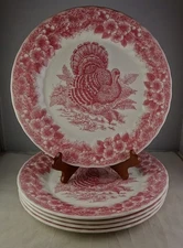 Five Myott Queen's Thanksgiving Red Turkey Dinner Plates - Mint
