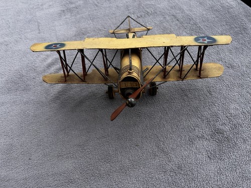 Vintage-Style Yellow Metal Biplane Model Airplane WWI Decor Collectible