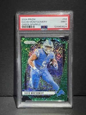 David Montgomery 2024 Prizm Green Sparkle 5/8 PSA 9 MINT Pop 2 Jersey Match