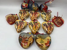 VTG Decoupage Lot of 13 Christmas Ornaments Heart/Round Shaped Lillian Veron
