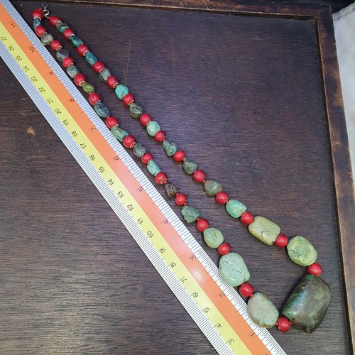 Antique Turquoise and Red whiteheart beads necklace #j5 - Picture 14 of 16