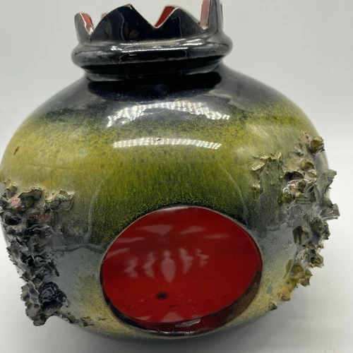 Gilt Volcanic Lava Iceland MCM Tri color Pottery lantern votive Blk,Red,yellow 