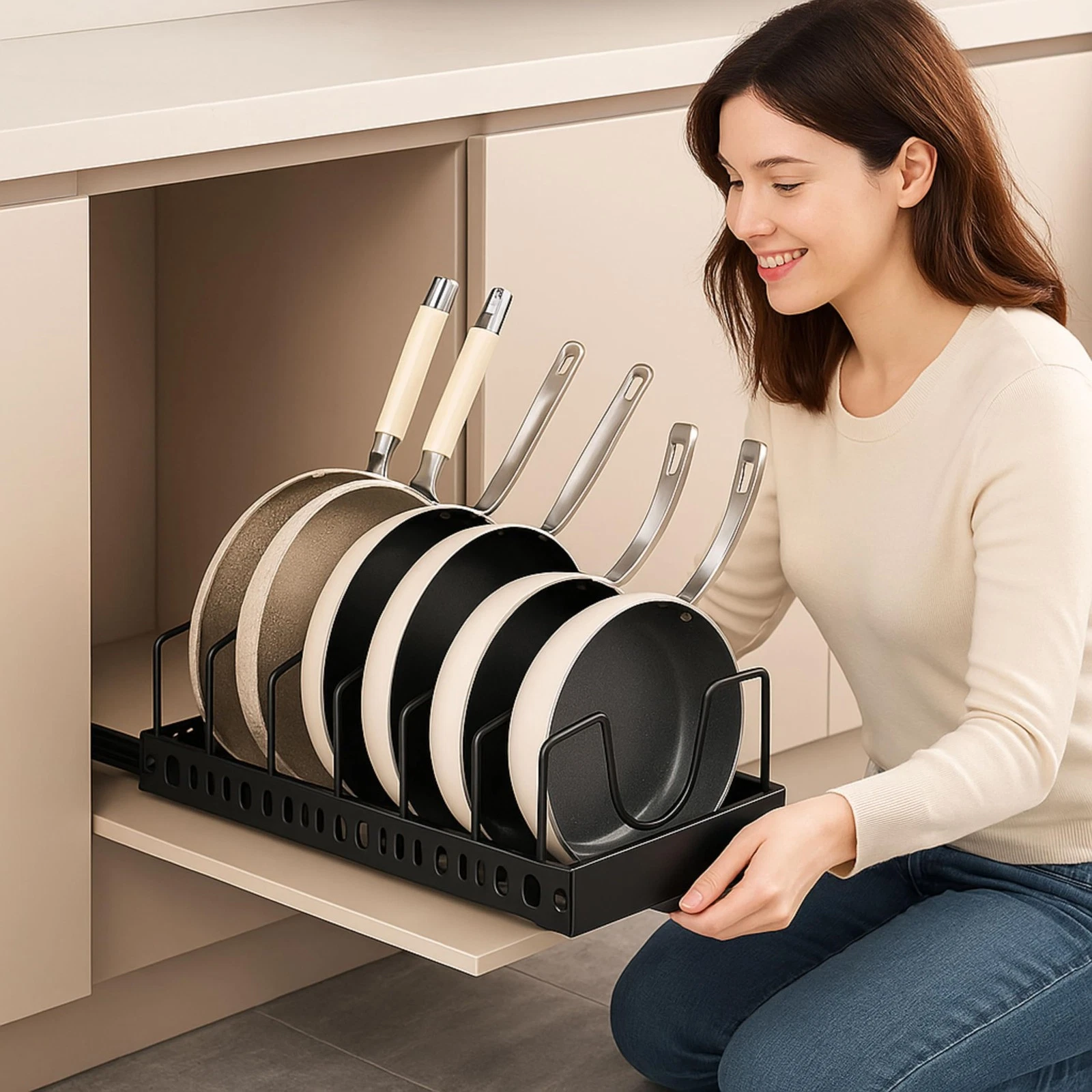 Pull Out Pot and Pan Organizer Rack for Cabinet – Adjustable Sliding Cookware...