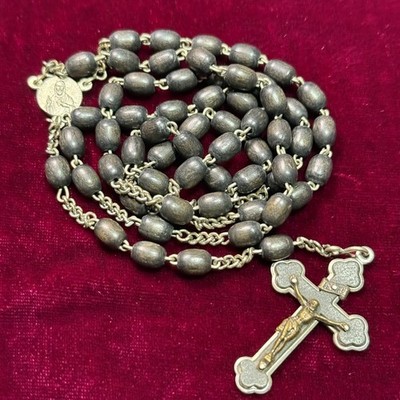 Antique Black Wood Bead Catholic Rosary with Trefoil Tip GERMANY 59 Beads