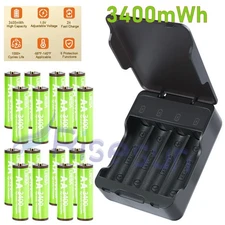 4-16Pc 1.5V 3400mWh AA Rechargeable Lithium Battery with Fast 4-Slot Charger Box