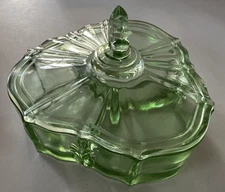 Vintage FOSTORIA Chintz Green Glass Three Compartment Dish with Lid