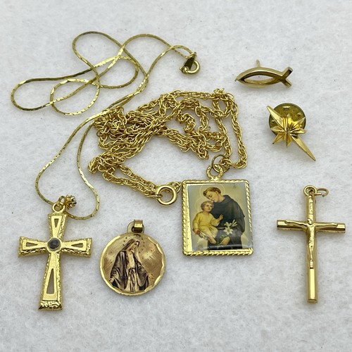 26 pc Catholic Religious Jewelry Lot—Crosses Medals Rosary Pendants Pins Golds - Picture 4 of 10