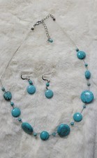 Turquoise and Dyed Howlite Stone Beaded Necklace and Earrings Set Silver Tone