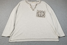 Bibi Top Women s Large L Gray Leopard Print Trim Sheer Long Sleeves Waffle Knit