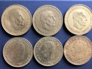 🇪🇸 Espagne Lot 6 x Una Pesetas Francisco Franco 1966 & Juan Carlos 1975 1980