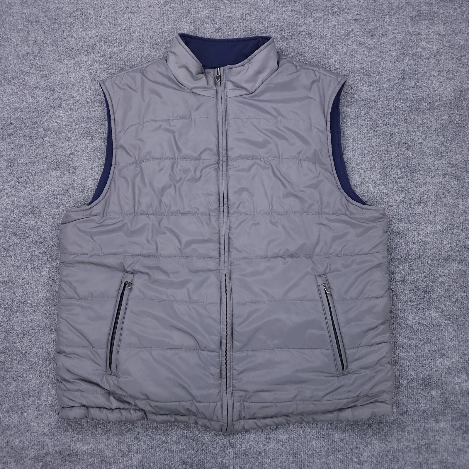 Brooks Brothers Vest Mens XL Gray Navy Reversible Quilted PrimaLoft Full Zip