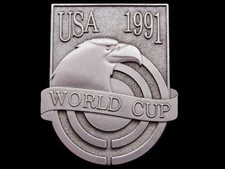 JA21120 VINTAGE 1991  USA SHOOTING TEAM - WORLD CUP  PEWTER BELT BUCKLE